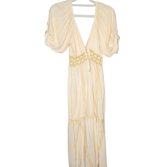 Jens Pirate Booty‎ Rio Panorama Midi Dress in Rio Sunrise Beige Crochet Trim S - Picture 1 of 15